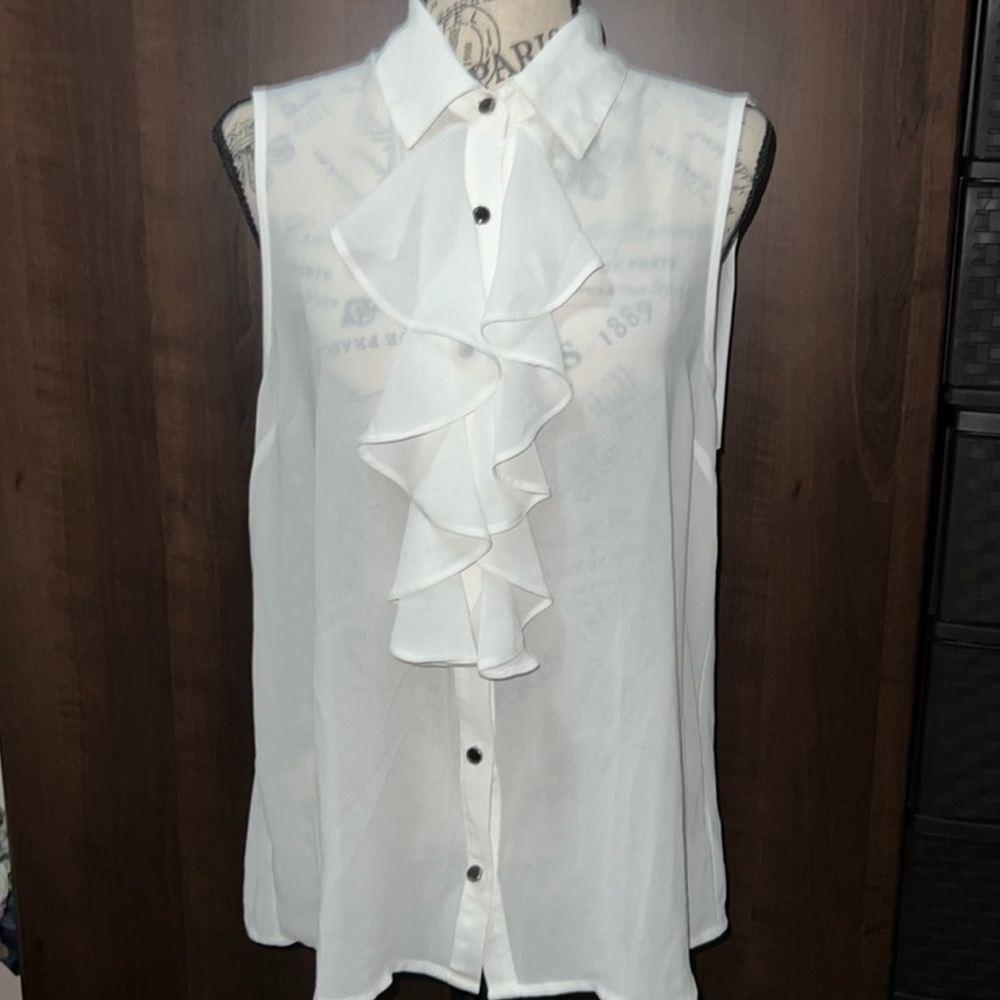Forever 21 Sheer Sleeveless Ruffle Front Blouse, Cream, Size: Large